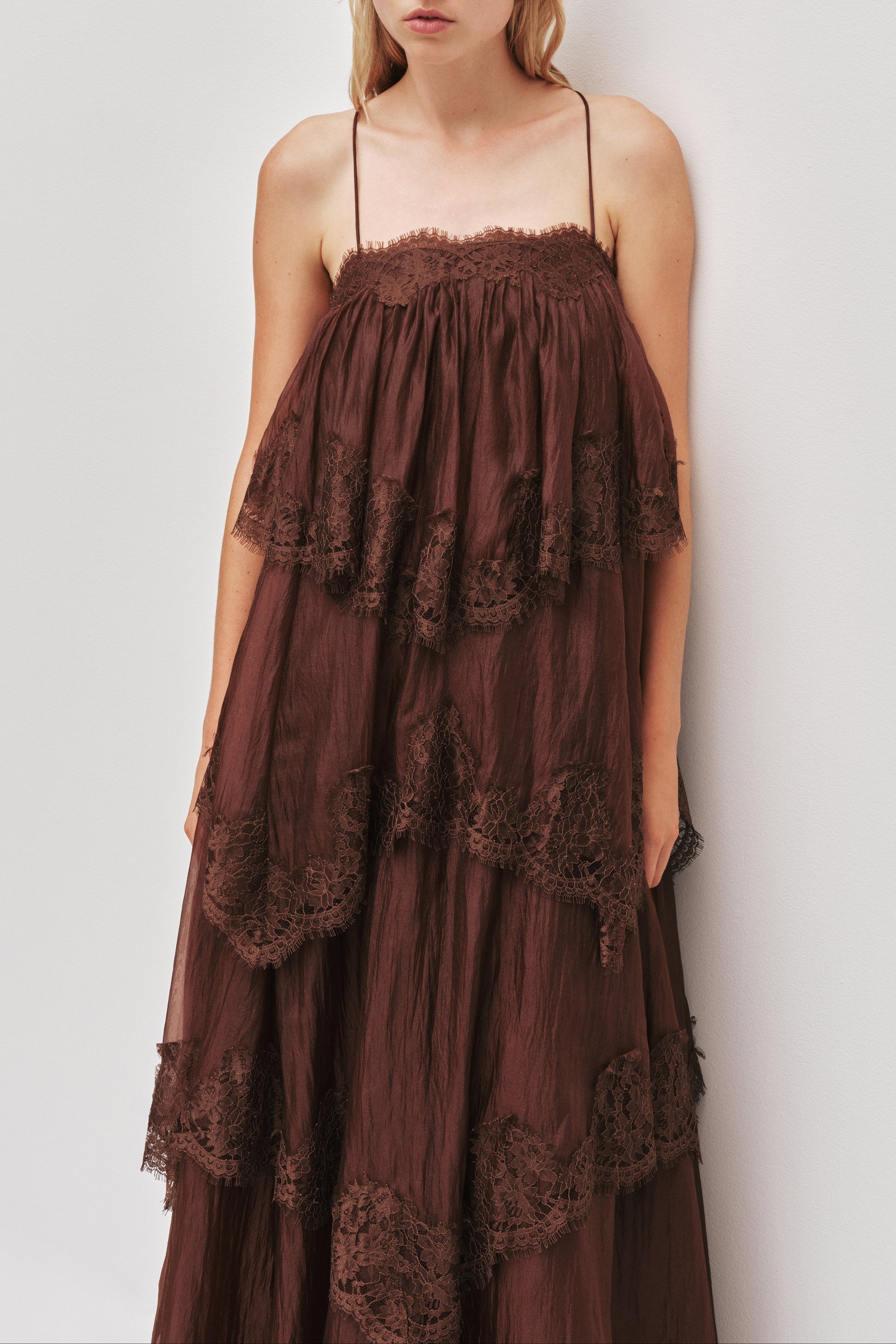 Chocolate Brown Tiered Lace Maxi Dress Avalabel