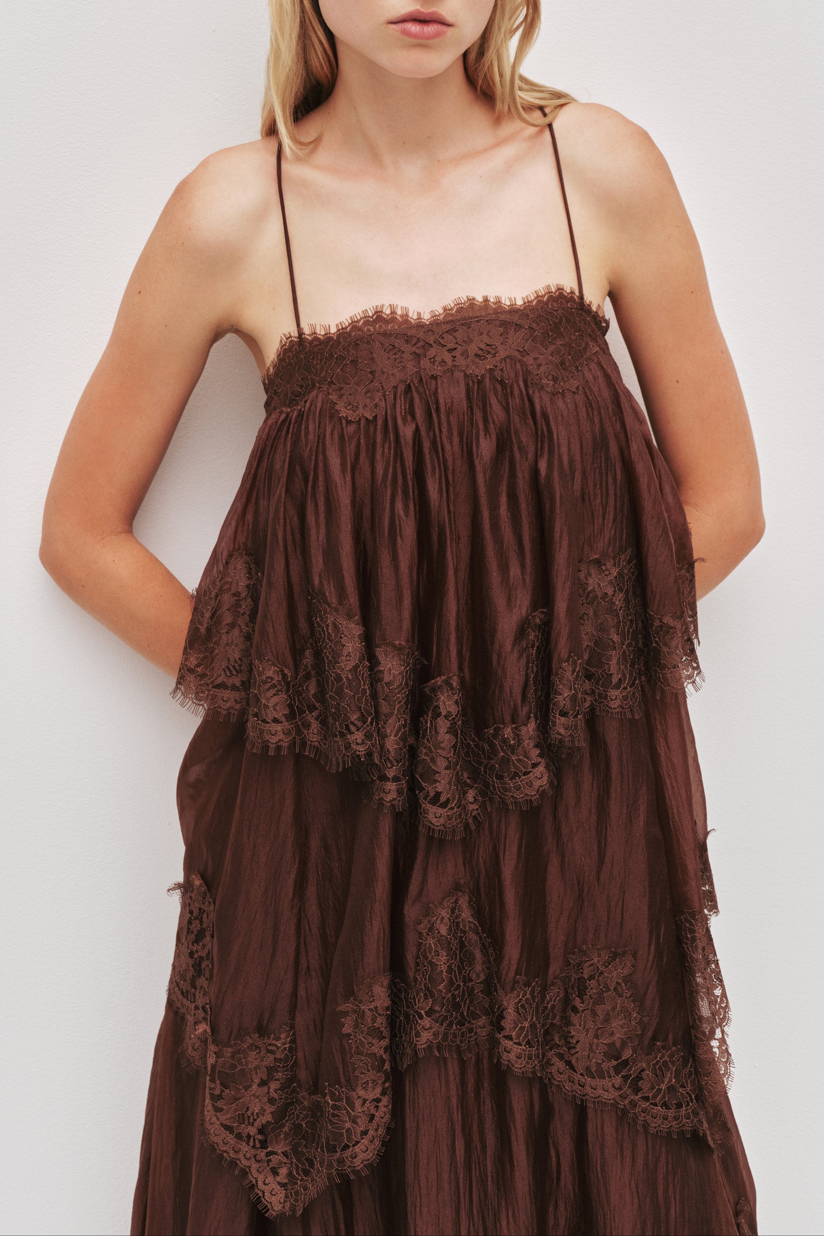 Chocolate Brown Tiered Lace Maxi Dress Avalabel