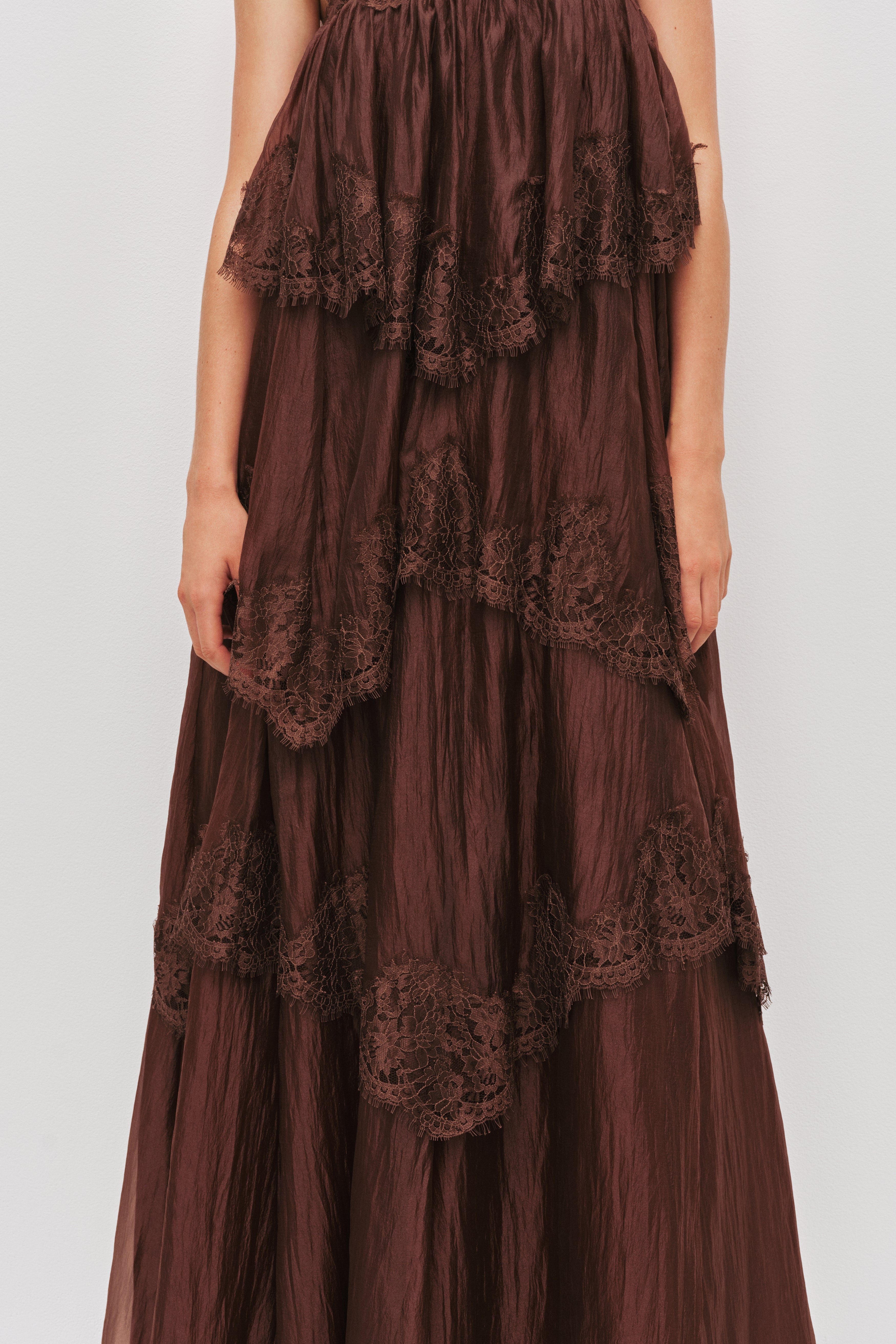 Chocolate Brown Tiered Lace Maxi Dress Avalabel