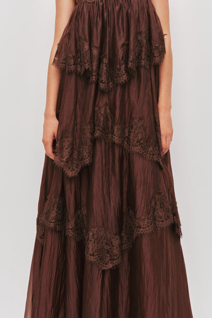Chocolate Brown Tiered Lace Maxi Dress Avalabel