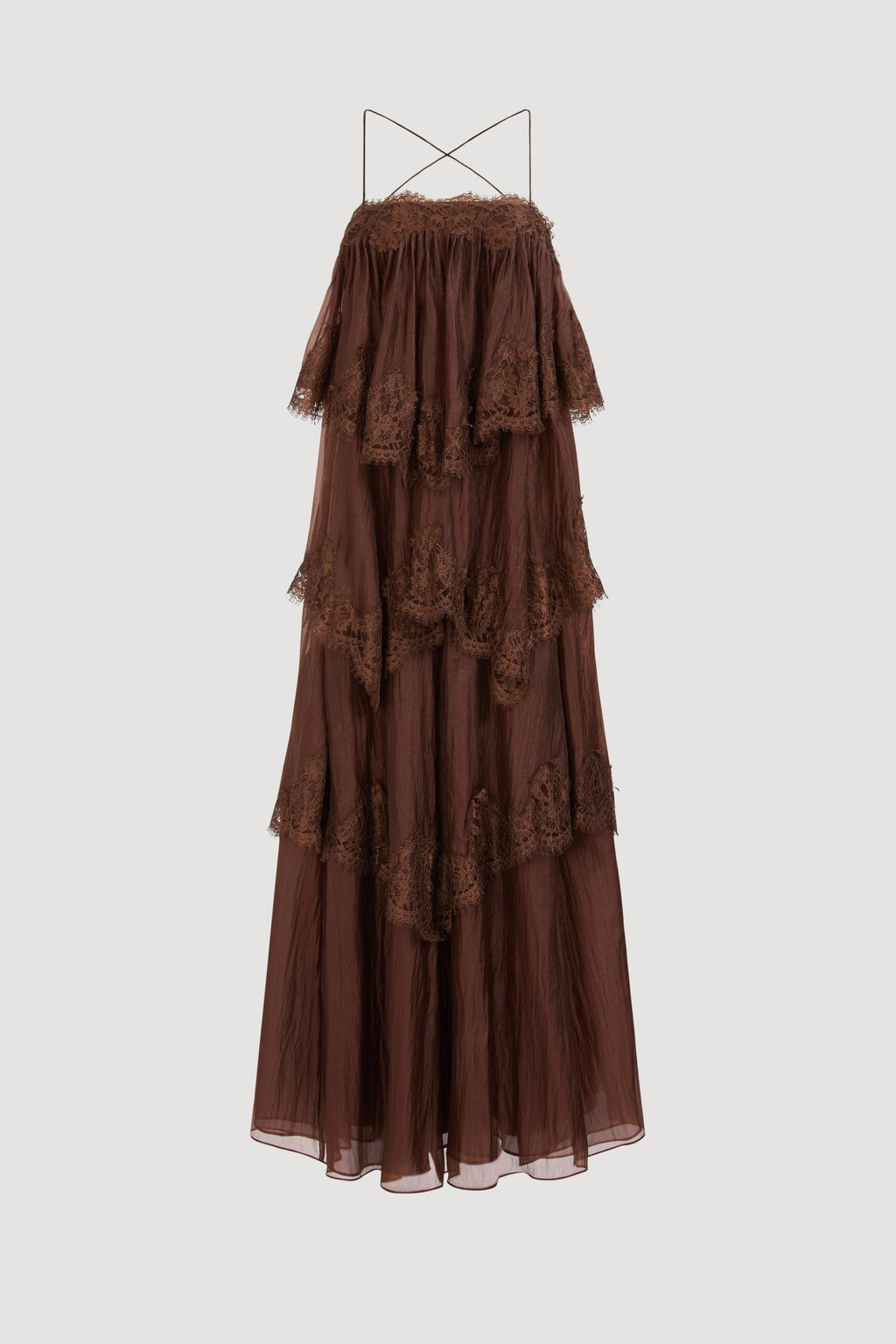 Chocolate Brown Tiered Lace Maxi Dress Avalabel
