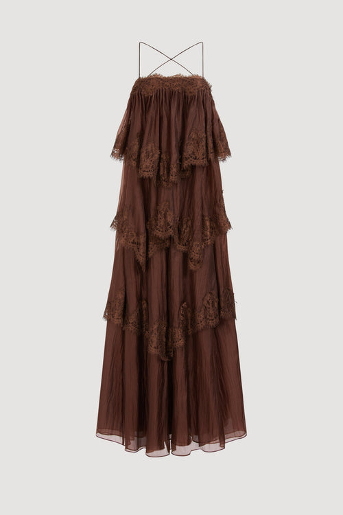 Chocolate Brown Tiered Lace Maxi Dress Avalabel