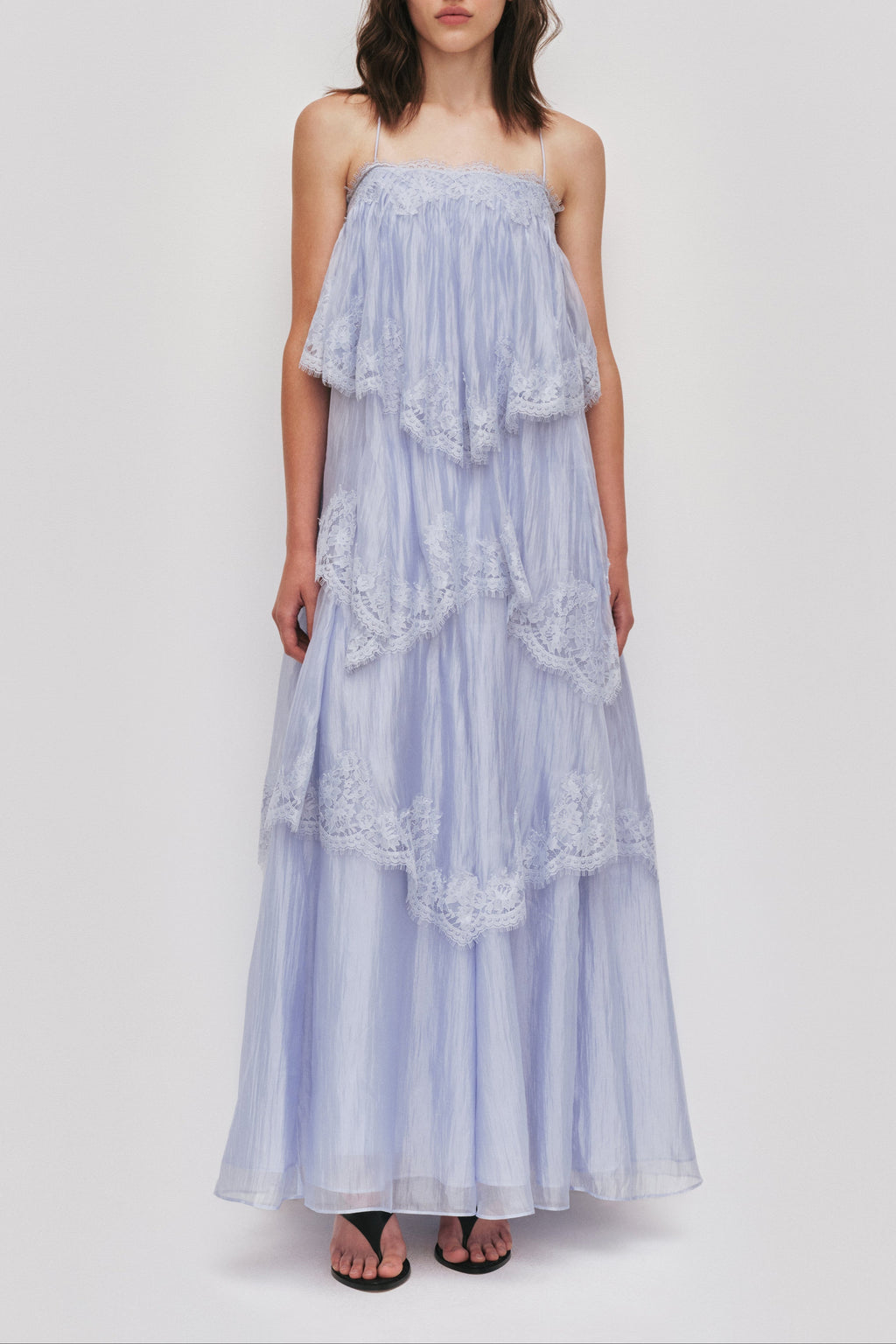 Sky Blue Tiered Lace Spaghetti Strap Maxi Dress Avalabel