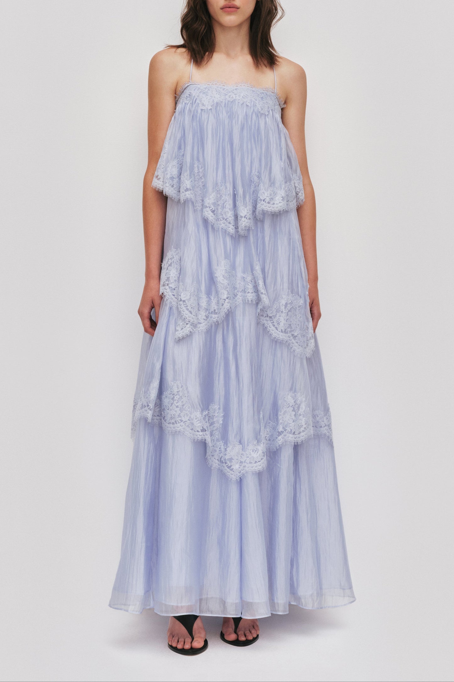 Sky Blue Tiered Lace Spaghetti Strap Maxi Dress