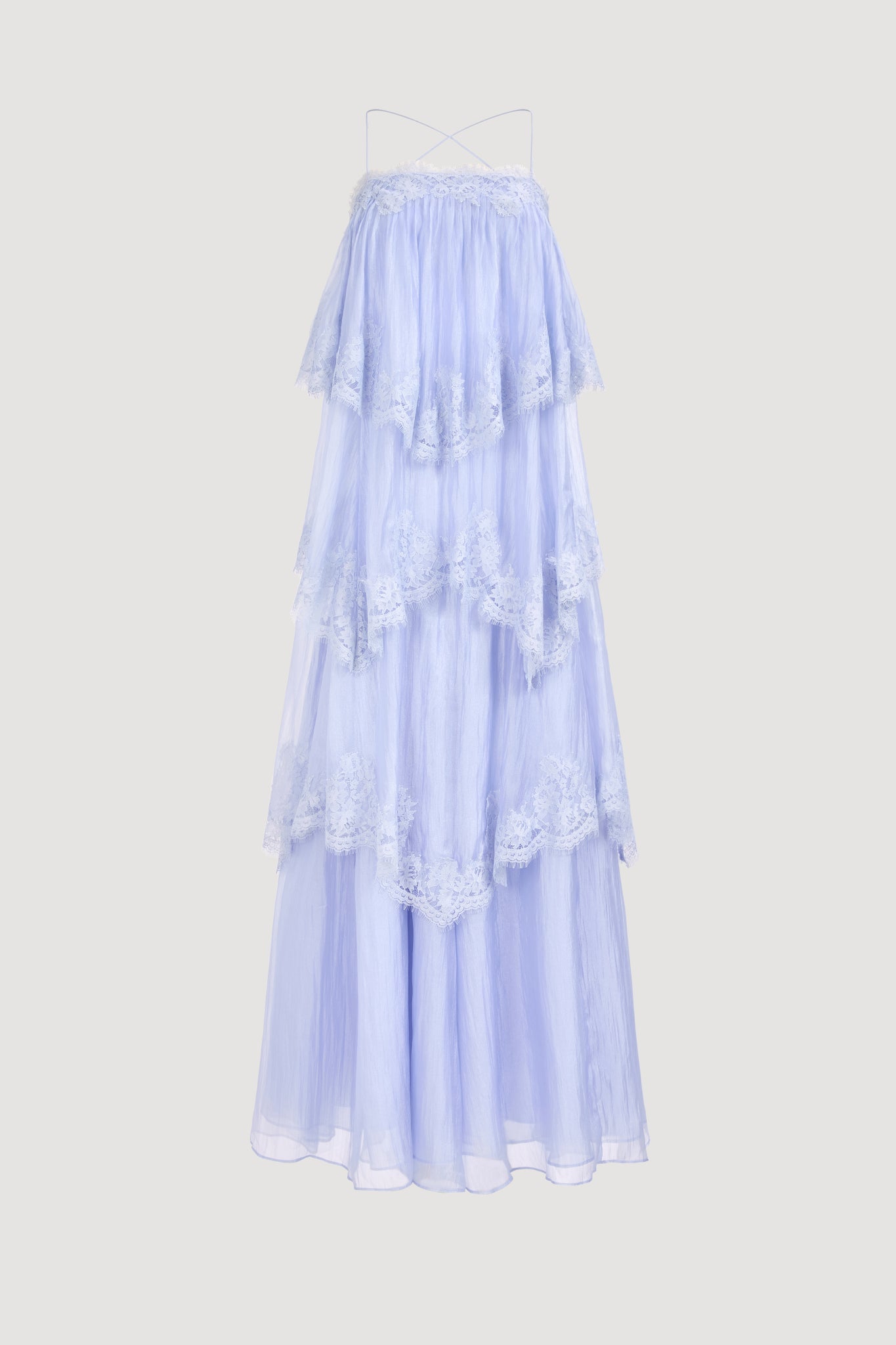 Sky Blue Tiered Lace Spaghetti Strap Maxi Dress Avalabel