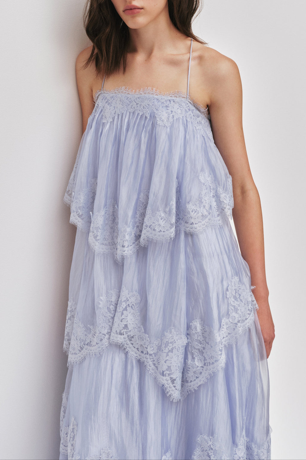 Sky Blue Tiered Lace Spaghetti Strap Maxi Dress Avalabel