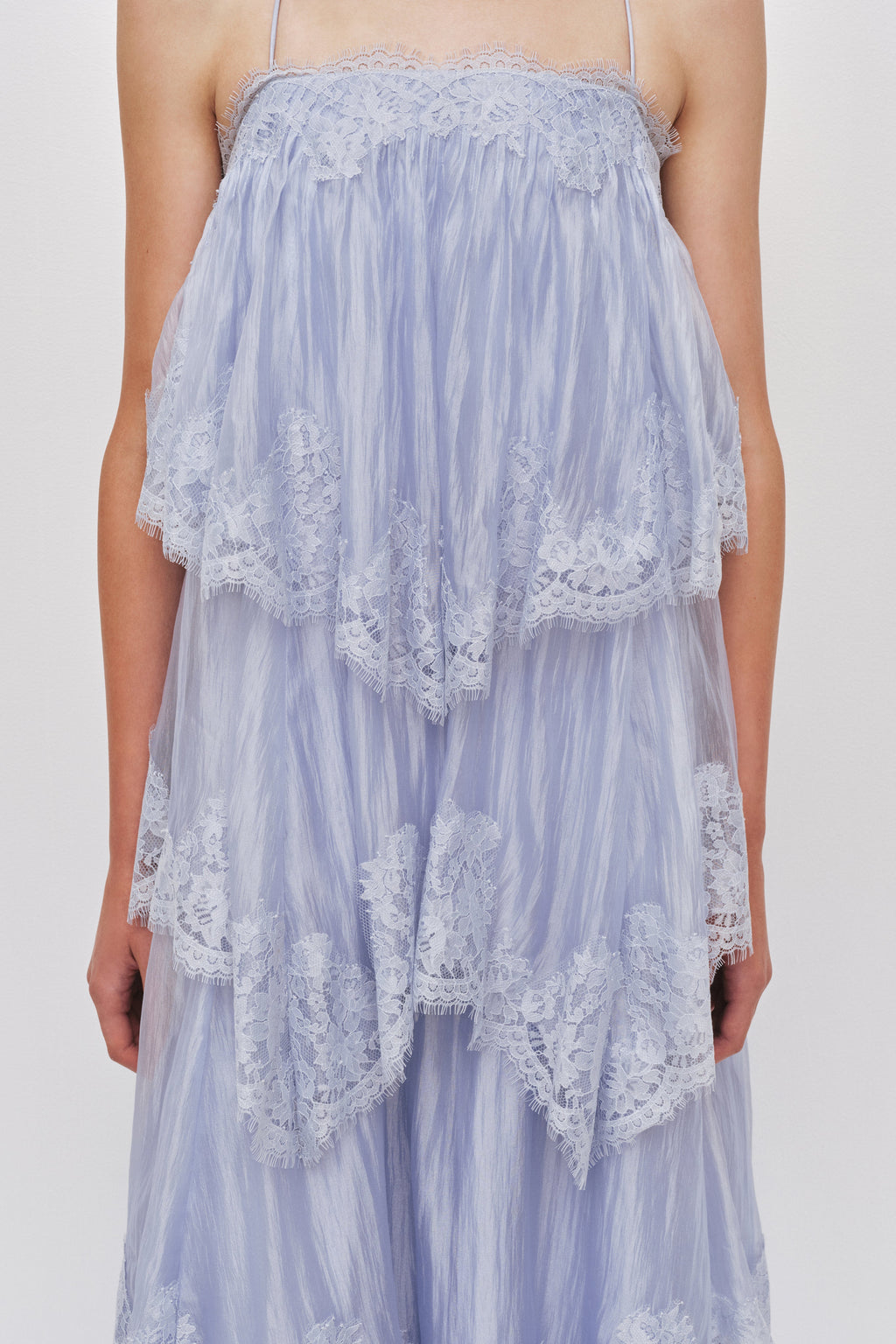 Sky Blue Tiered Lace Spaghetti Strap Maxi Dress Avalabel
