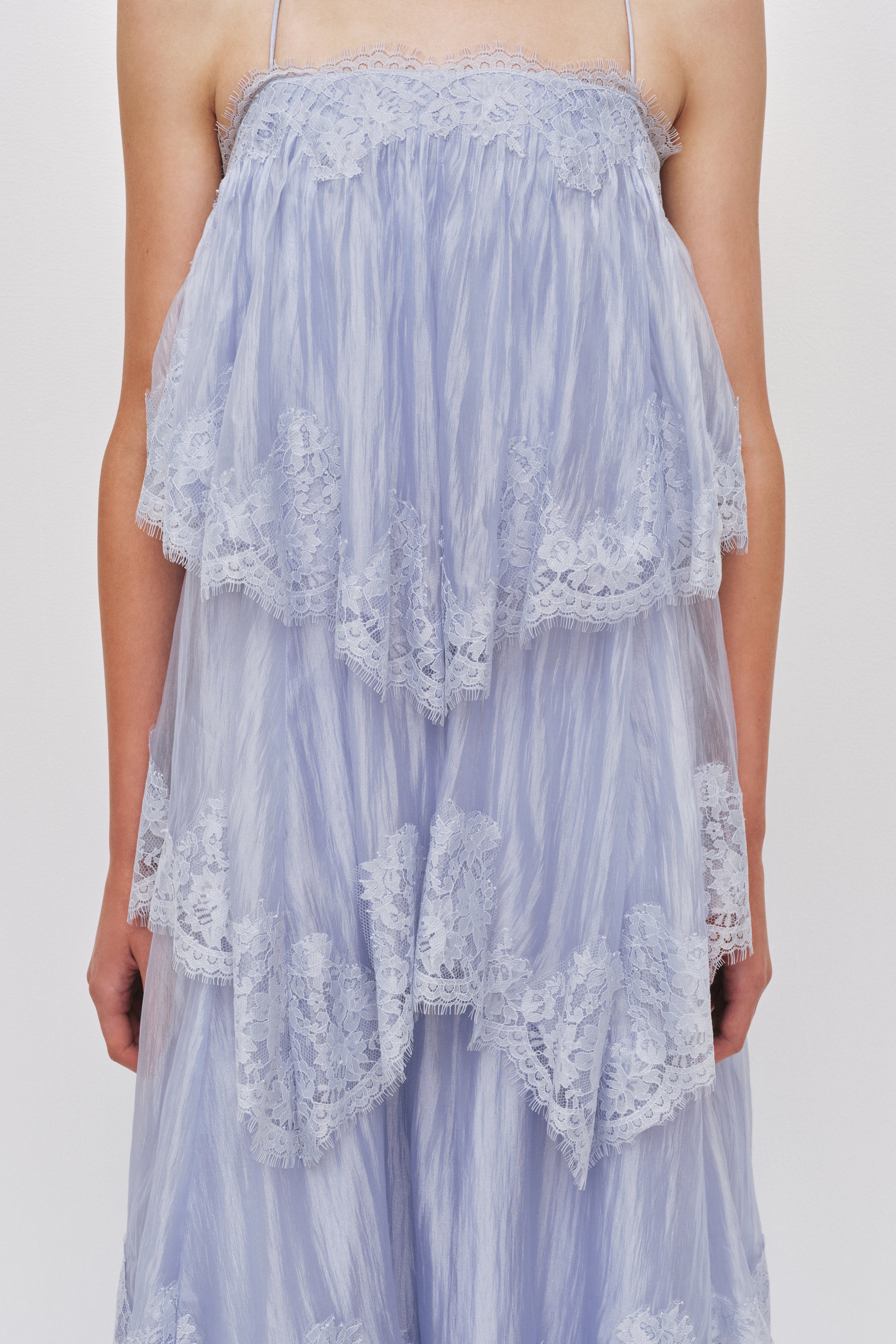 Sky Blue Tiered Lace Spaghetti Strap Maxi Dress Avalabel