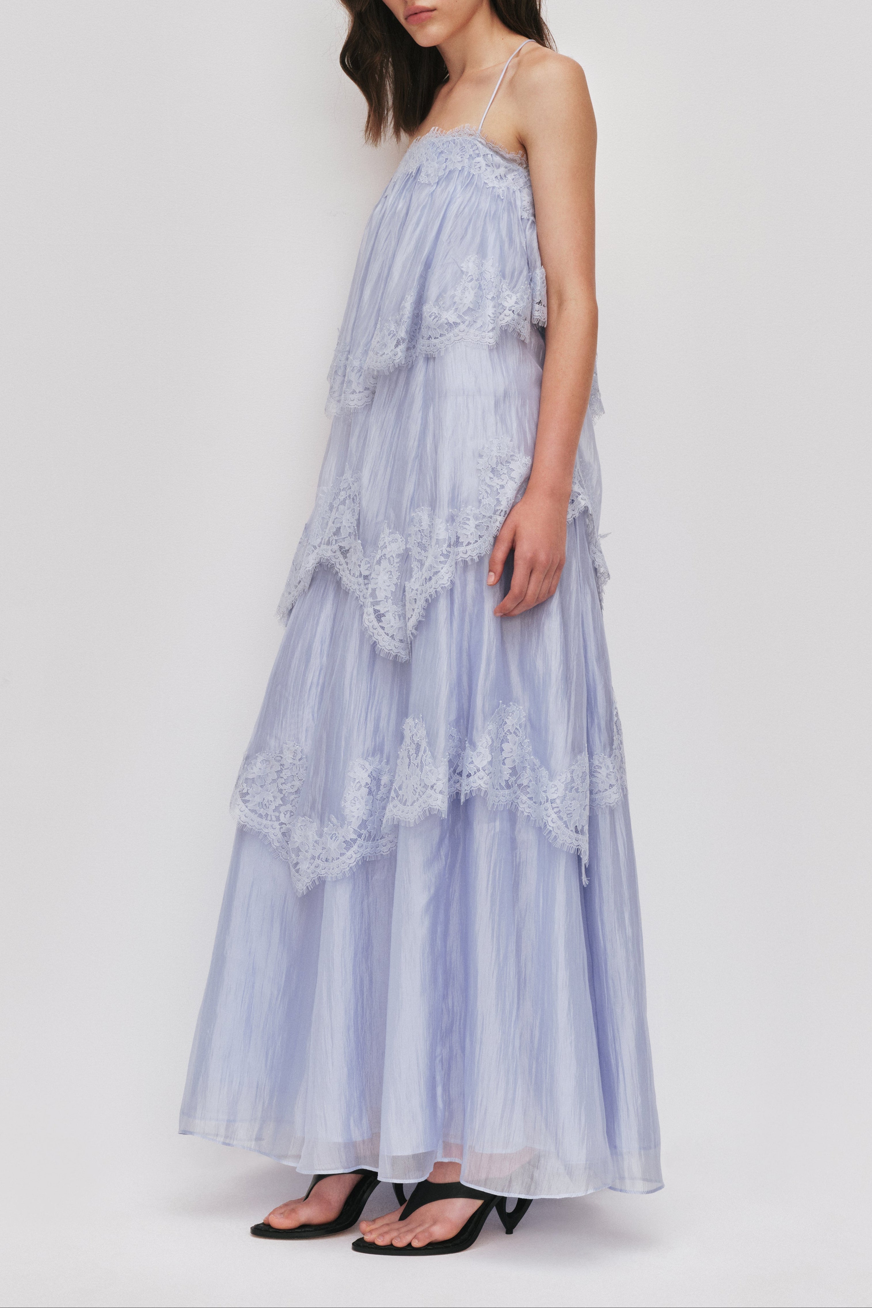 Sky Blue Tiered Lace Spaghetti Strap Maxi Dress Avalabel