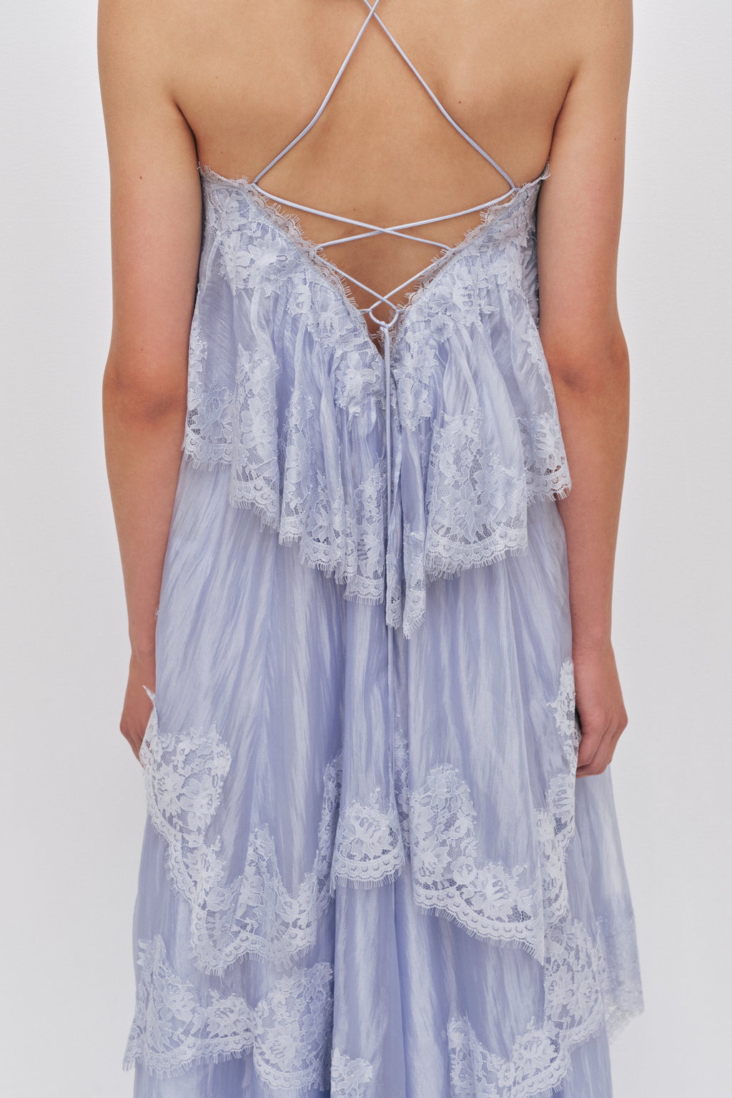 Sky Blue Tiered Lace Spaghetti Strap Maxi Dress Avalabel