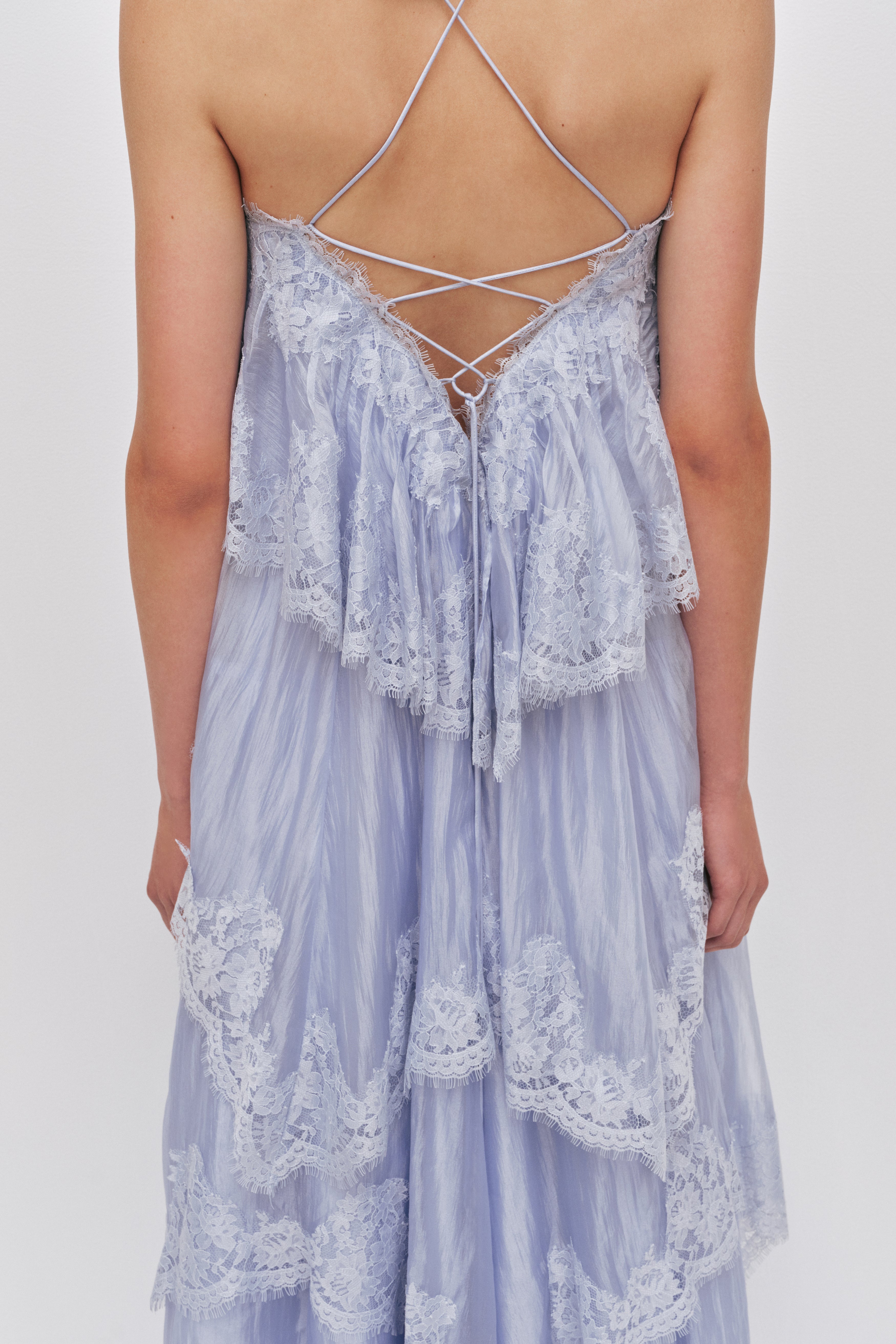 Sky Blue Tiered Lace Spaghetti Strap Maxi Dress Avalabel