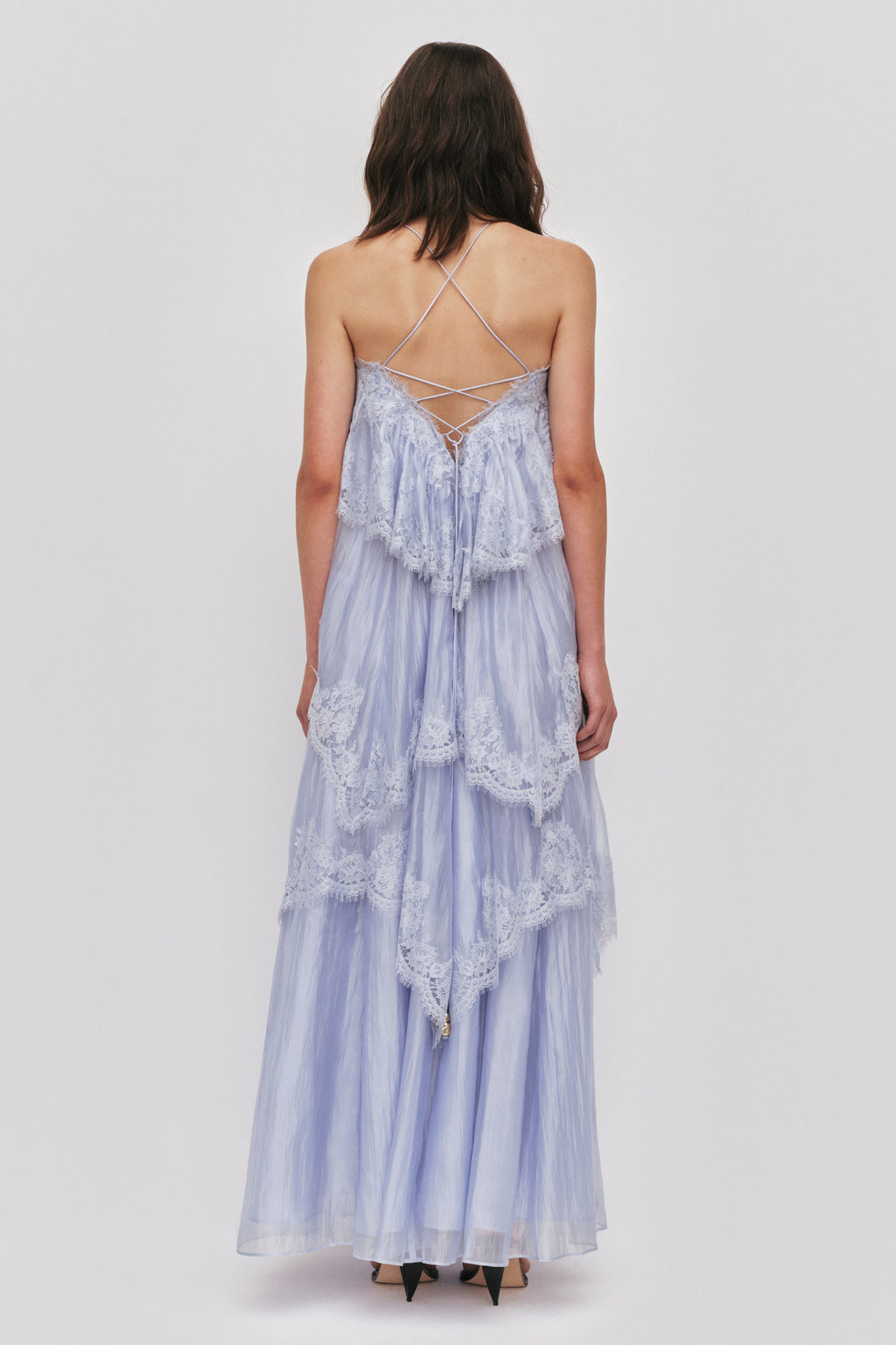Sky Blue Tiered Lace Spaghetti Strap Maxi Dress Avalabel
