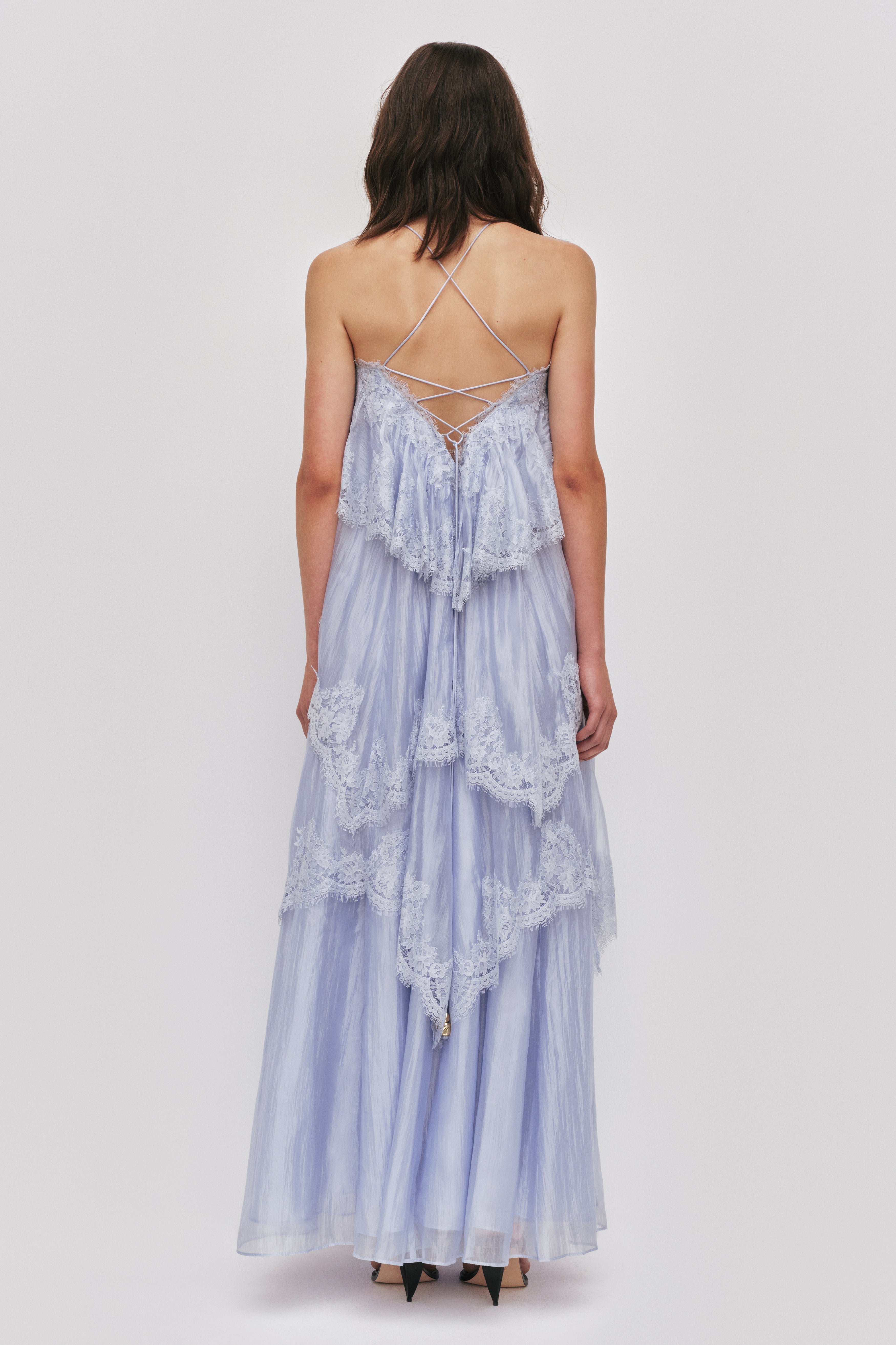 Sky Blue Tiered Lace Spaghetti Strap Maxi Dress Avalabel