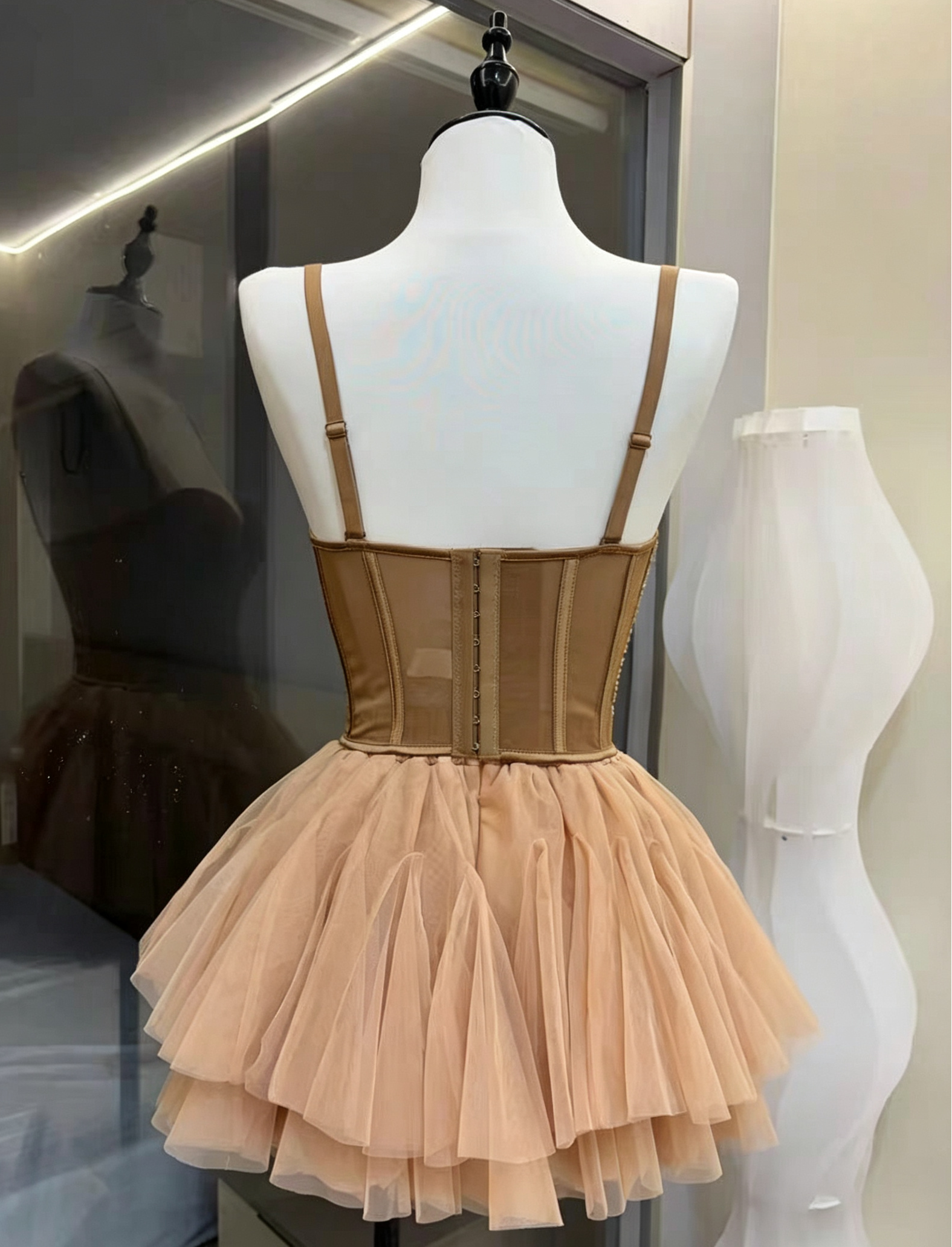 Rhinestone Strap Corset & Fluffy Tulle Mini Skirt Two-Piece Set Avalabel