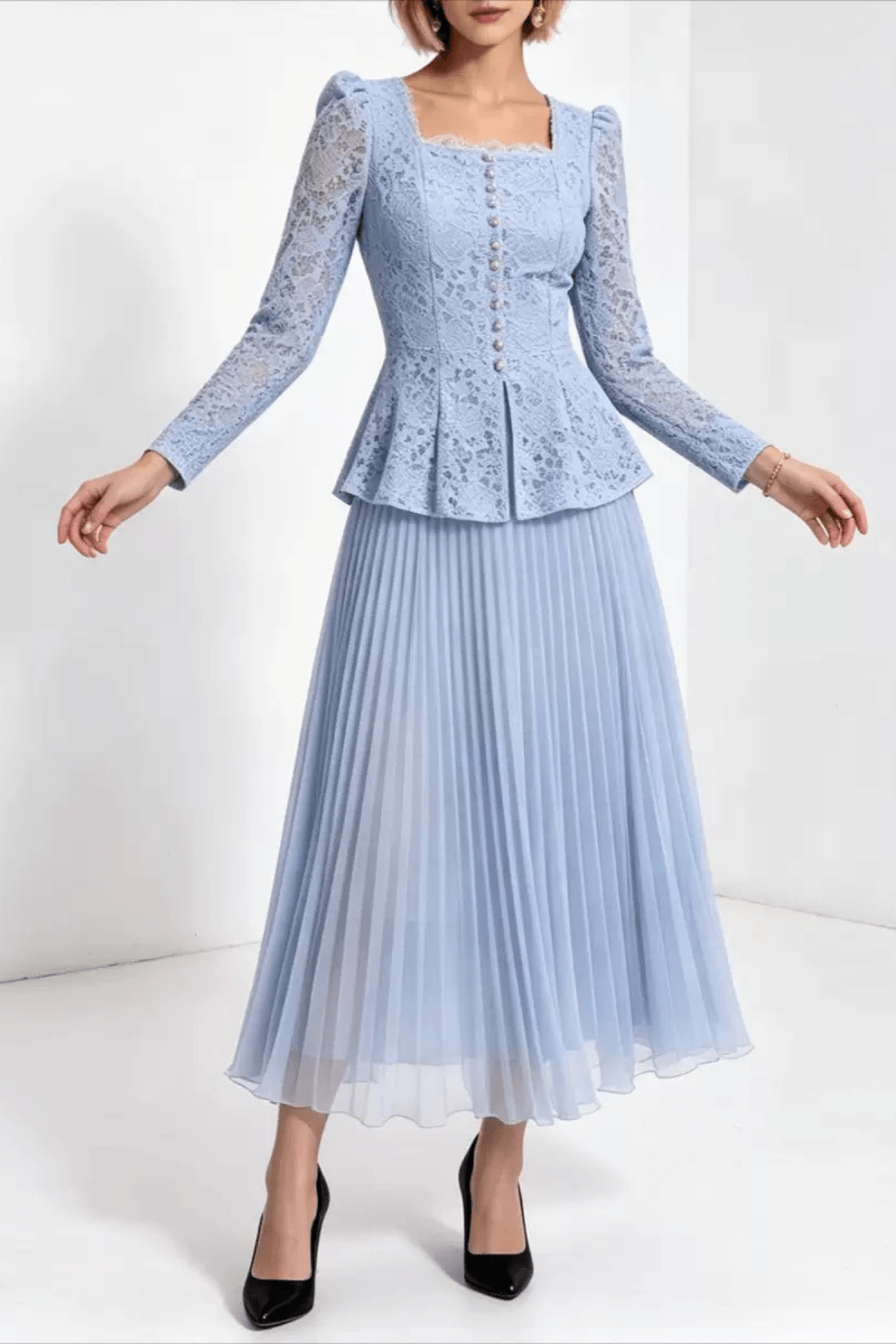 Lucy Lace Peplum Top and Pleated Skirt Two Piece Set Avalabel