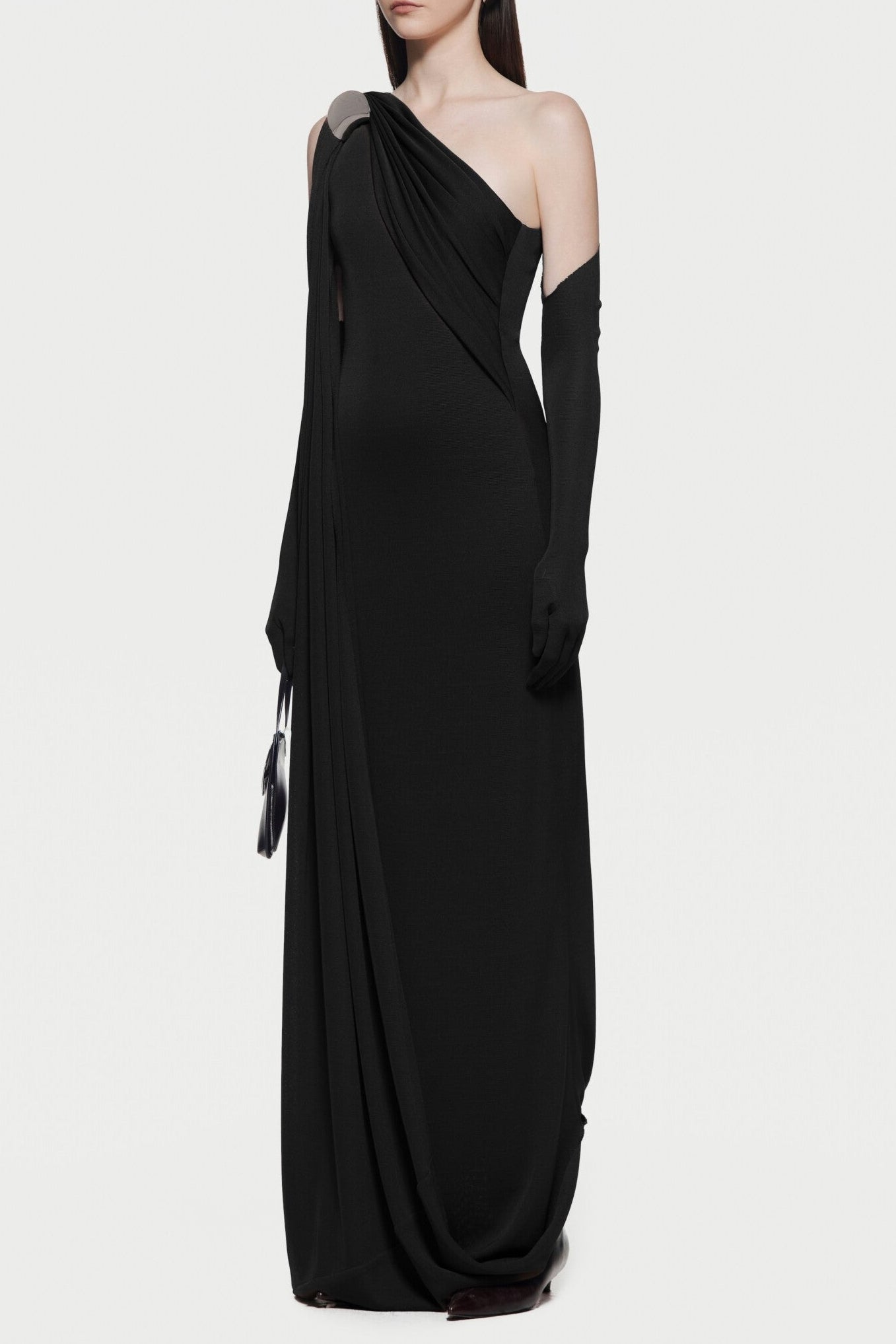 xaviera one-shoulder pleated backless maxi dress in black Avalabel