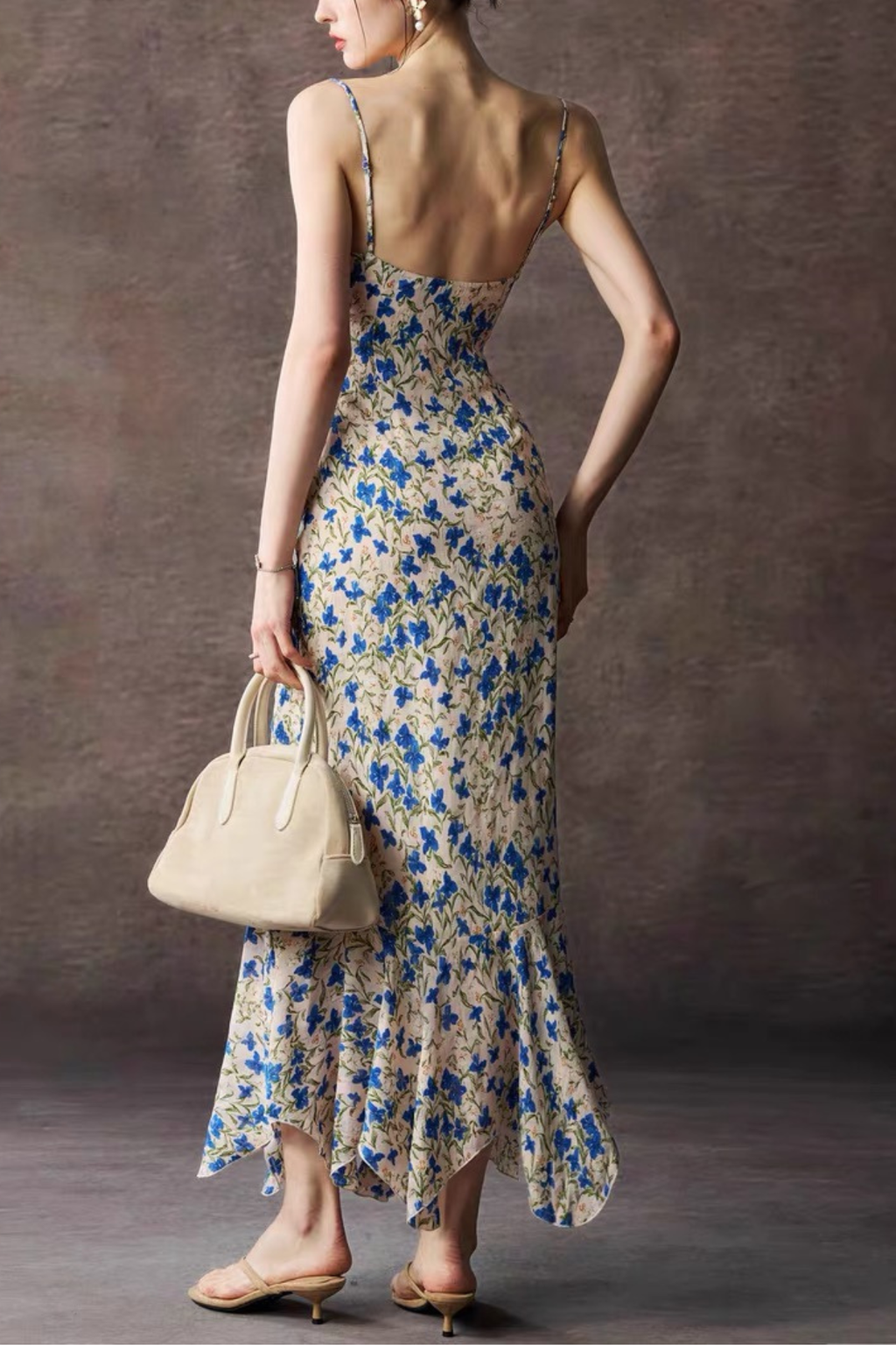 Blue Floral Spaghetti Strap Tie Front Mermaid Maxi Dress Avalabel