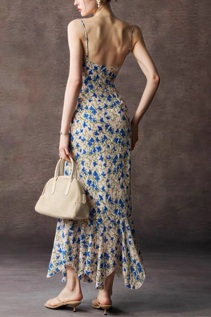 Blue Floral Spaghetti Strap Tie Front Mermaid Maxi Dress
