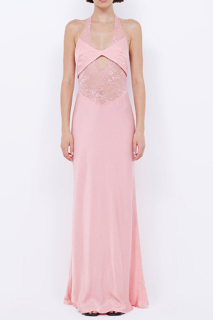 Tiffany Pink Mesh Lace Halter Maxi dress