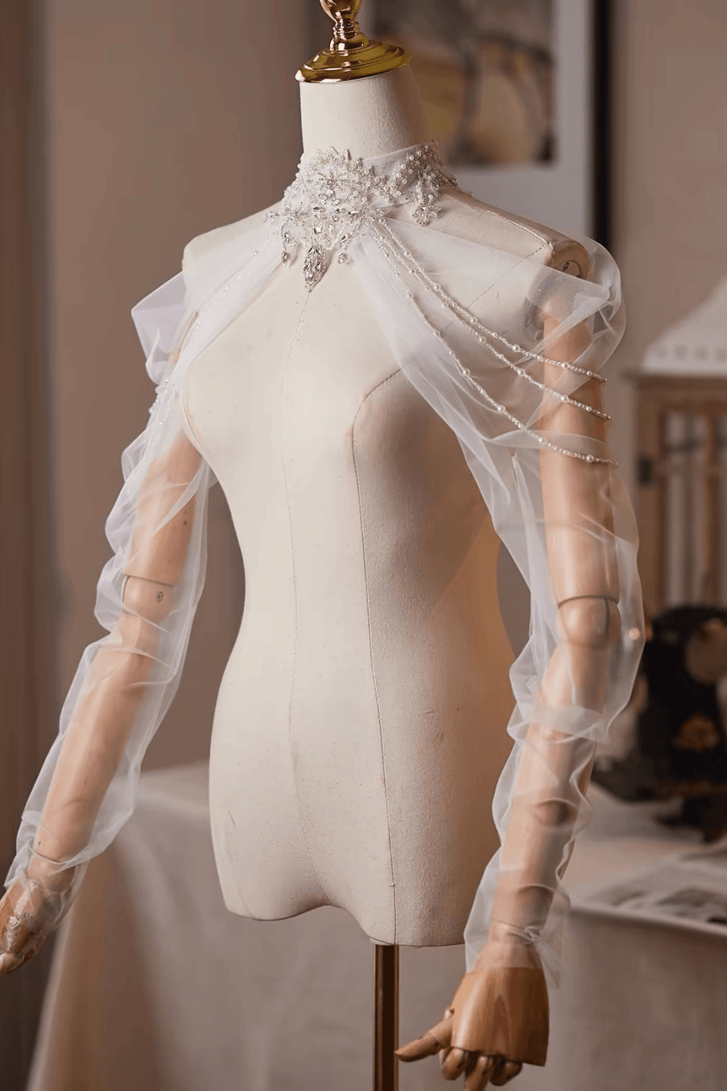 White High Neck Beaded Crystal Sheer Tulle Detachable Sleeves Avalabel