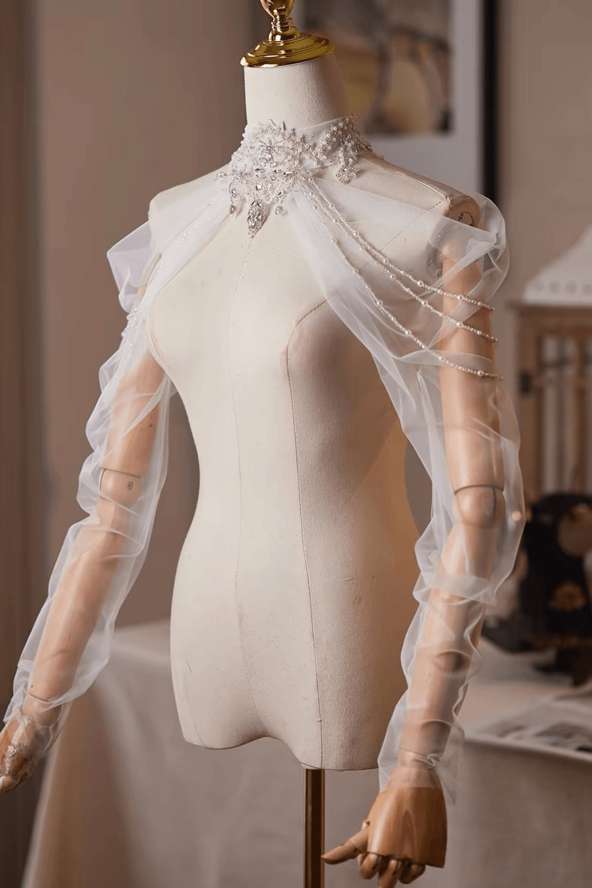 White High Neck Beaded Crystal Sheer Tulle Detachable Sleeves Avalabel