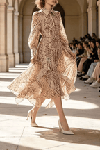 Print Puff Sleeve Asymmetrical Ruffle Midi Dress Avalabel