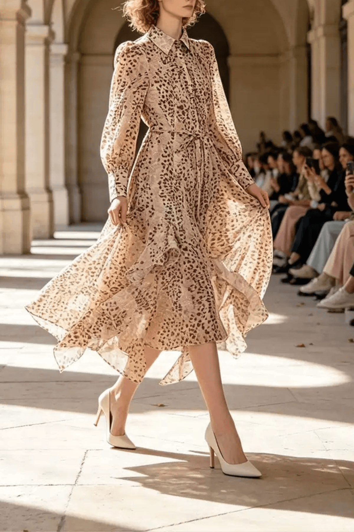 Print Puff Sleeve Asymmetrical Ruffle Midi Dress Avalabel