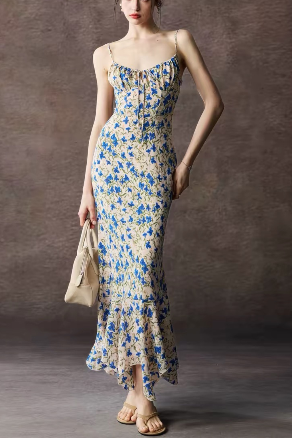 Blue Floral Spaghetti Strap Tie Front Mermaid Maxi Dress Avalabel