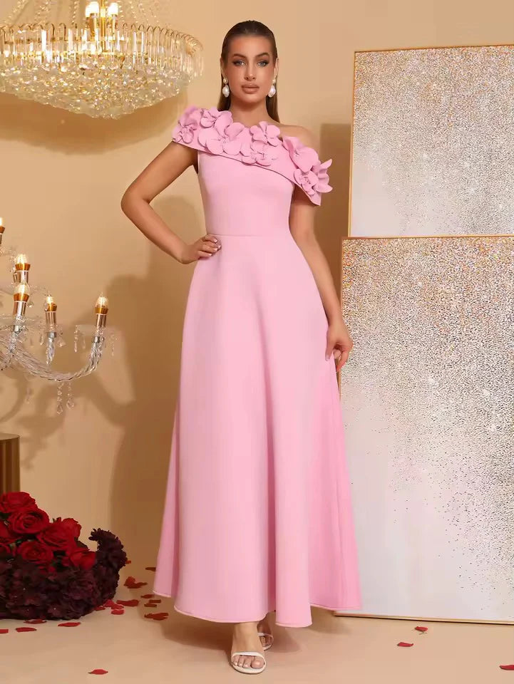 Cynthia Flower Slanted Collar Maxi Dress in Pink Avalabel