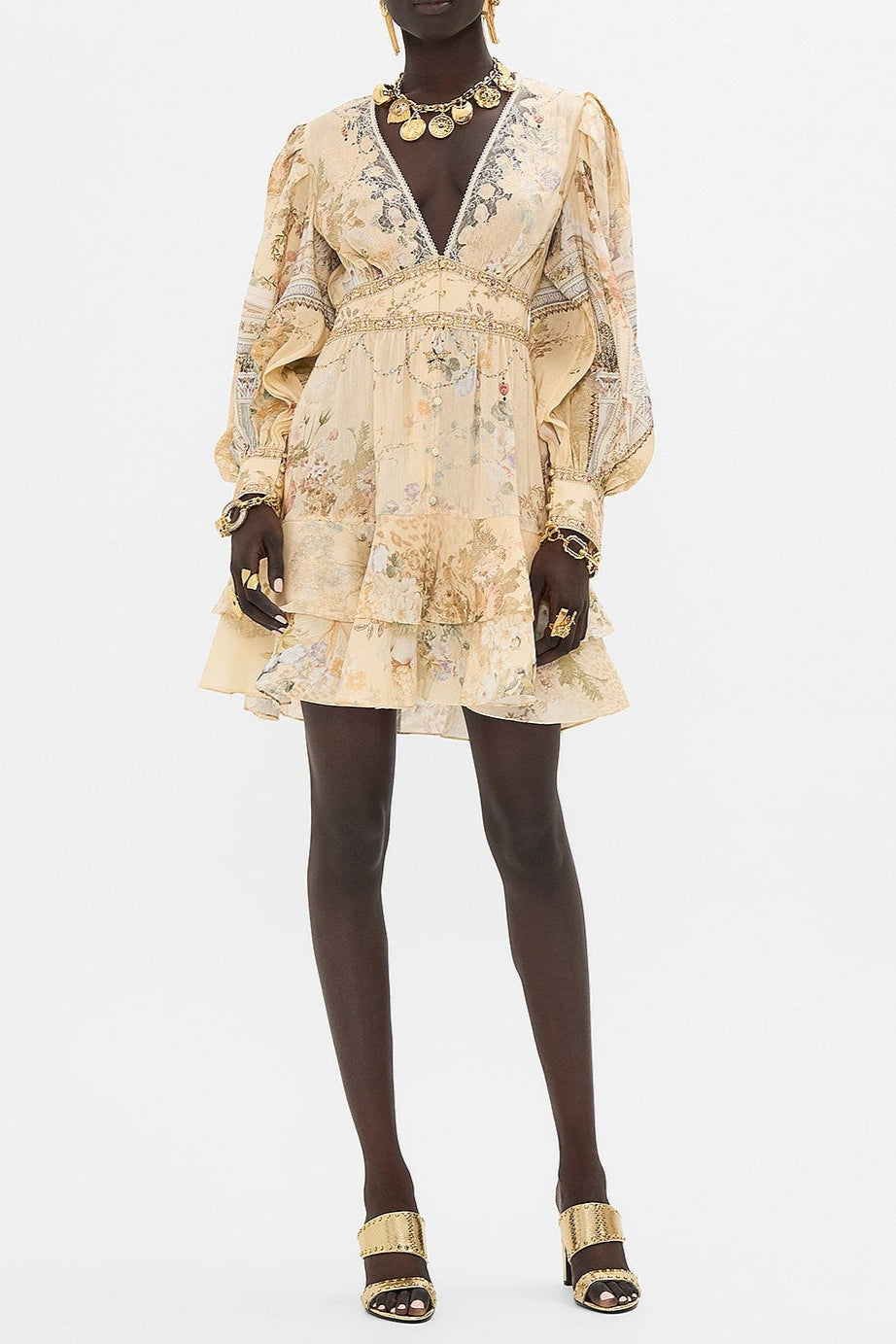 Multicolor Floral Print V-Neckline Silk Layer Mini Dress Avalabel