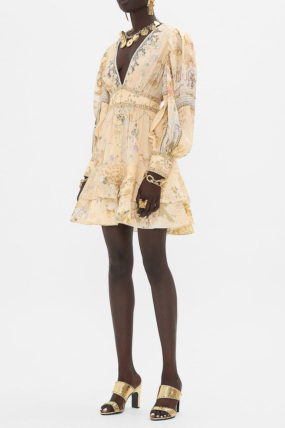 Multicolor Floral Print V-Neckline Silk Layer Mini Dress Avalabel