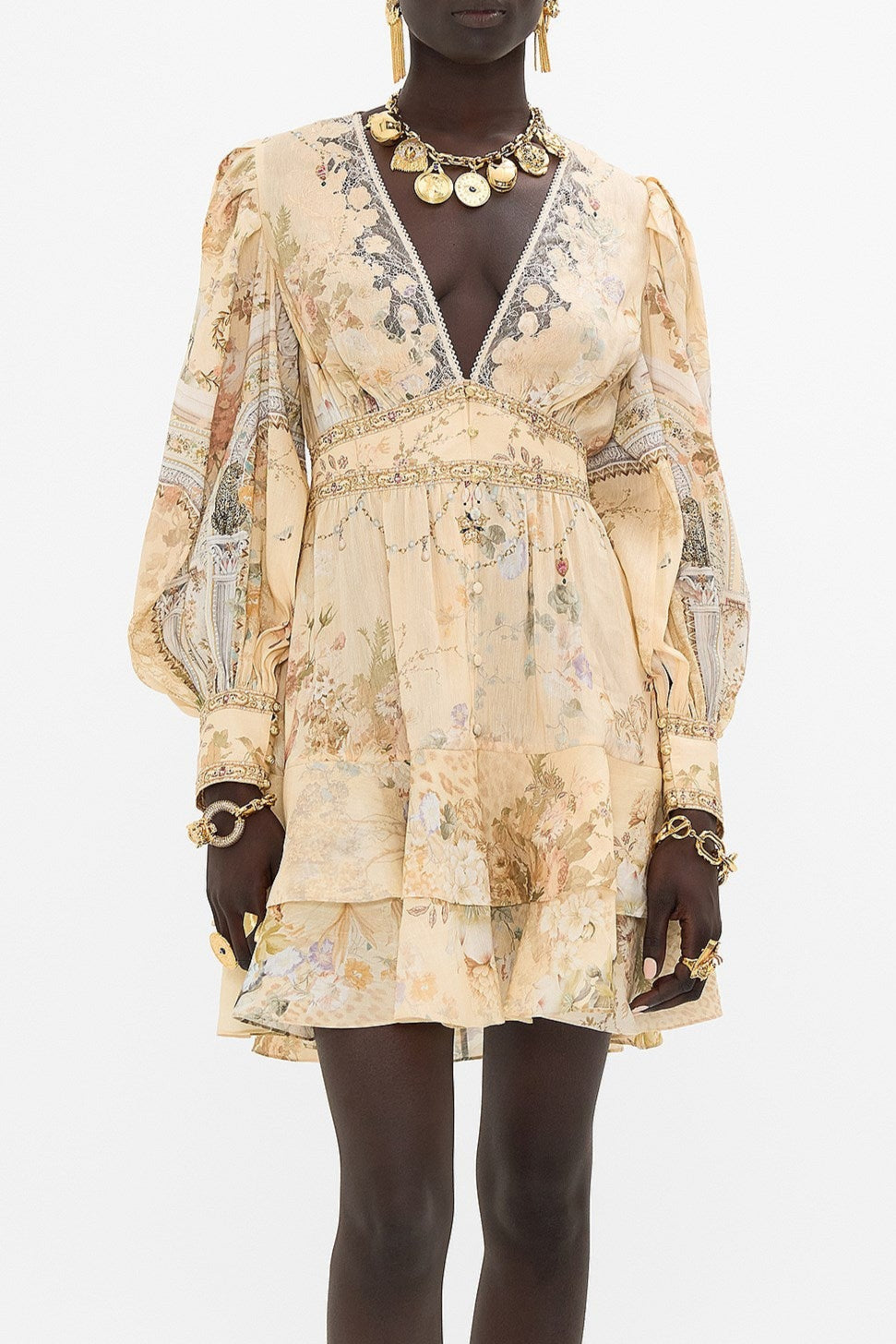 Multicolor Floral Print V-Neckline Silk Layer Mini Dress Avalabel