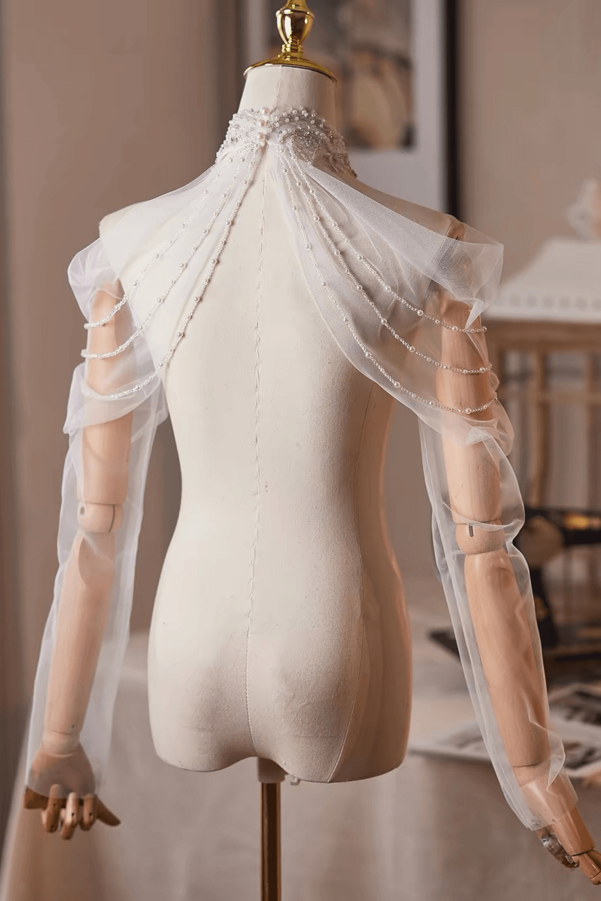 White High Neck Beaded Crystal Sheer Tulle Detachable Sleeves Avalabel