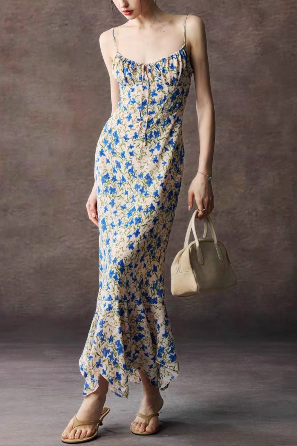 Blue Floral Spaghetti Strap Tie Front Mermaid Maxi Dress Avalabel