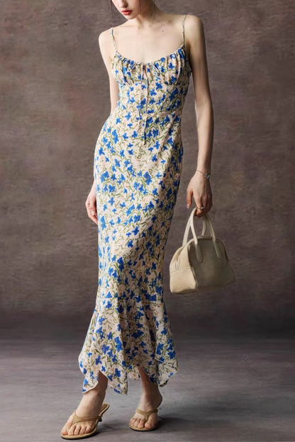 Blue Floral Spaghetti Strap Tie Front Mermaid Maxi Dress