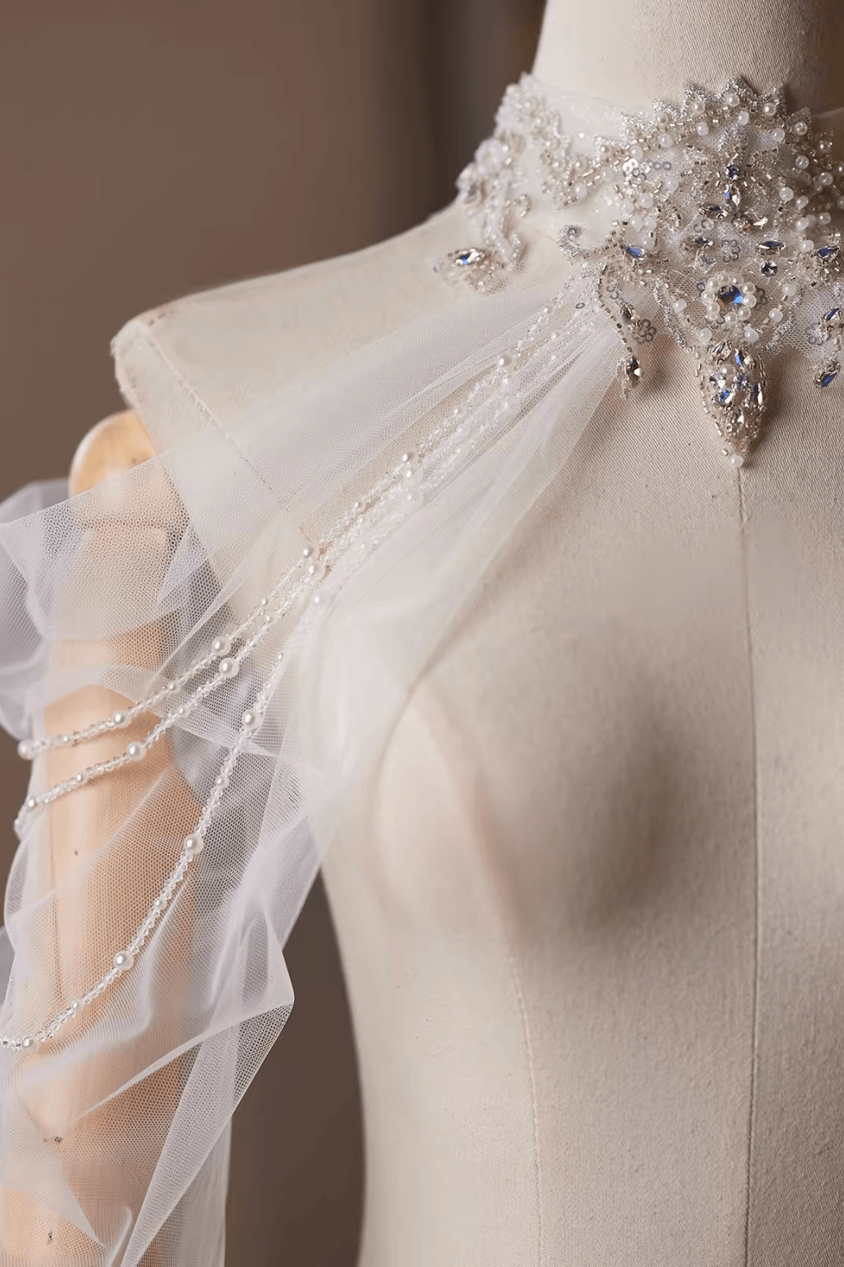 White High Neck Beaded Crystal Sheer Tulle Detachable Sleeves Avalabel