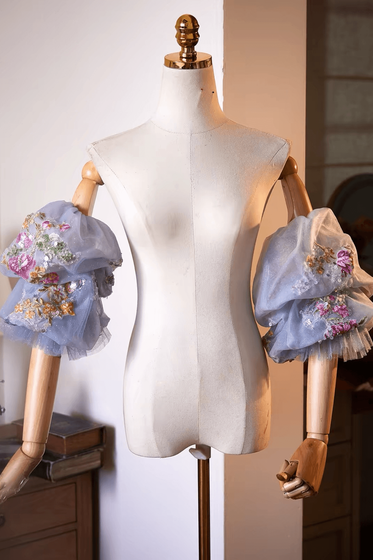 Light Blue Floral Embroidery Sheer Tulle Puff Sleeves Avalabel
