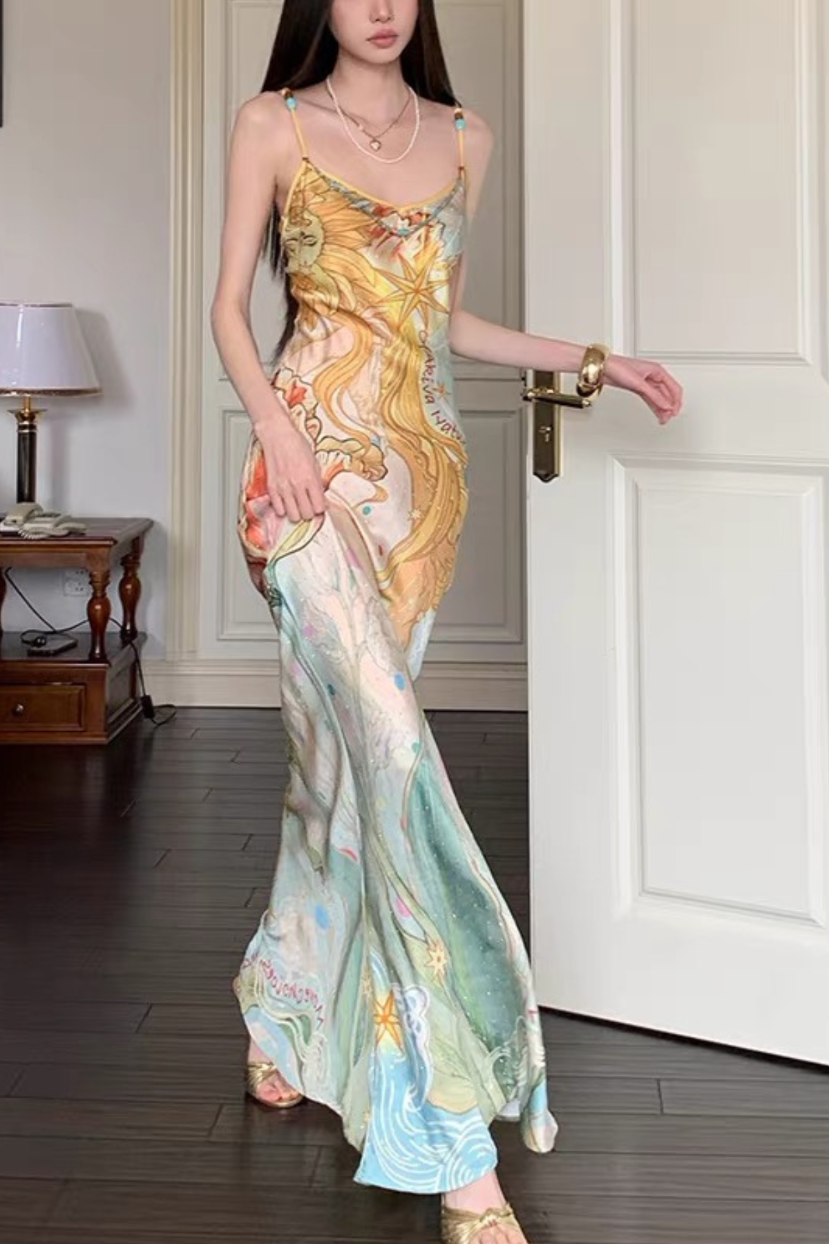 Chloe Vintage Sun Ocean Print Satin Spaghetti Strap Dress Avalabel