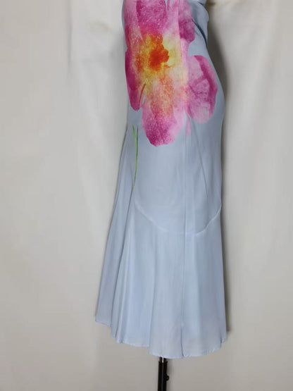 Light Blue Floral Print Strapless Midi Dress