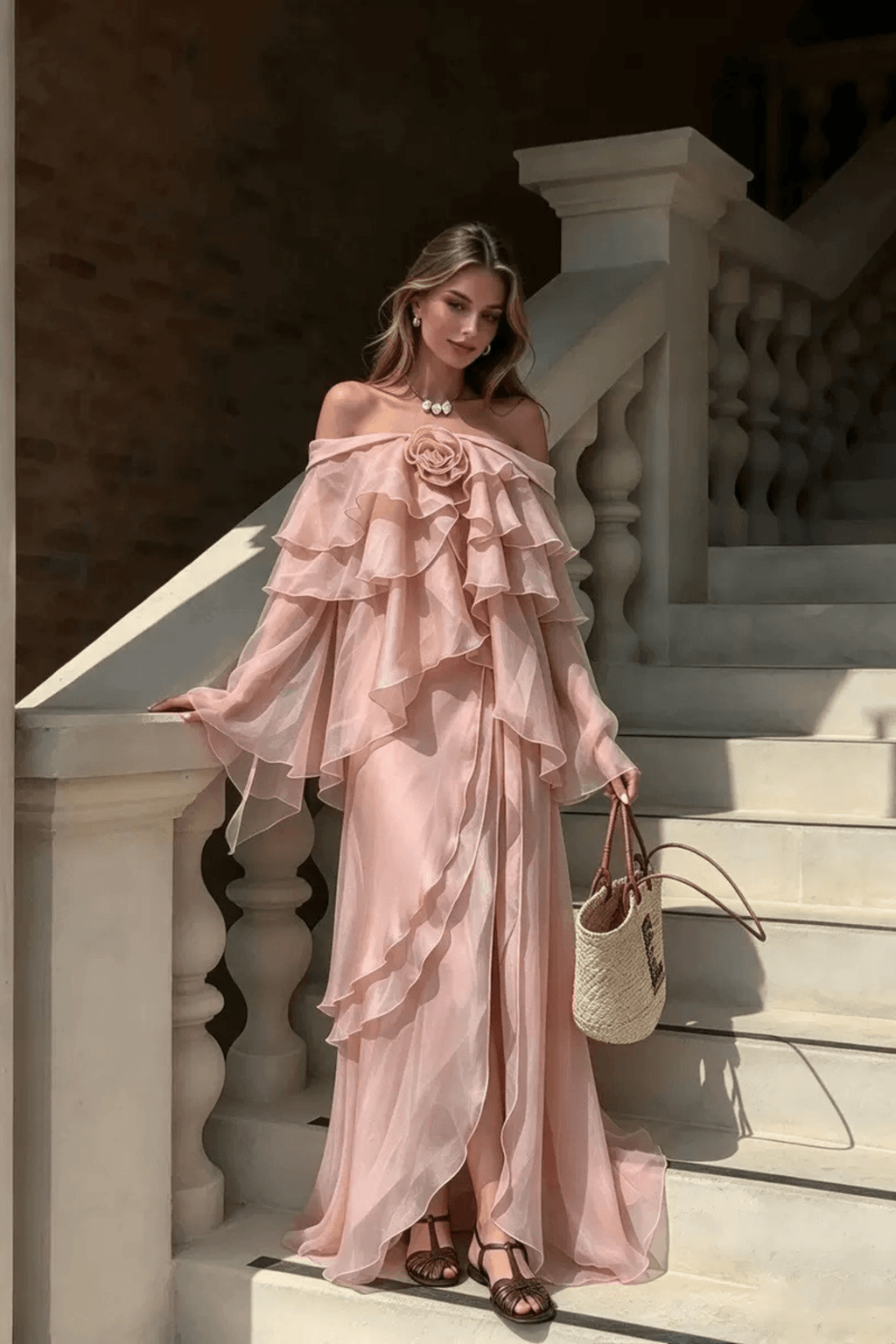 Jade Pink Off Shoulder Ruffled Maxi Dress Avalabel