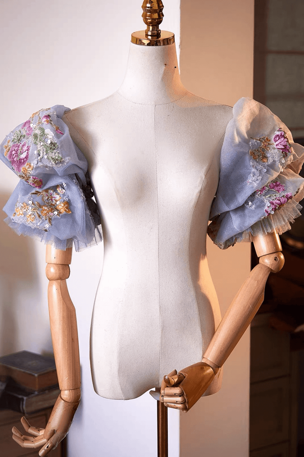 Light Blue Floral Embroidery Sheer Tulle Puff Sleeves Avalabel