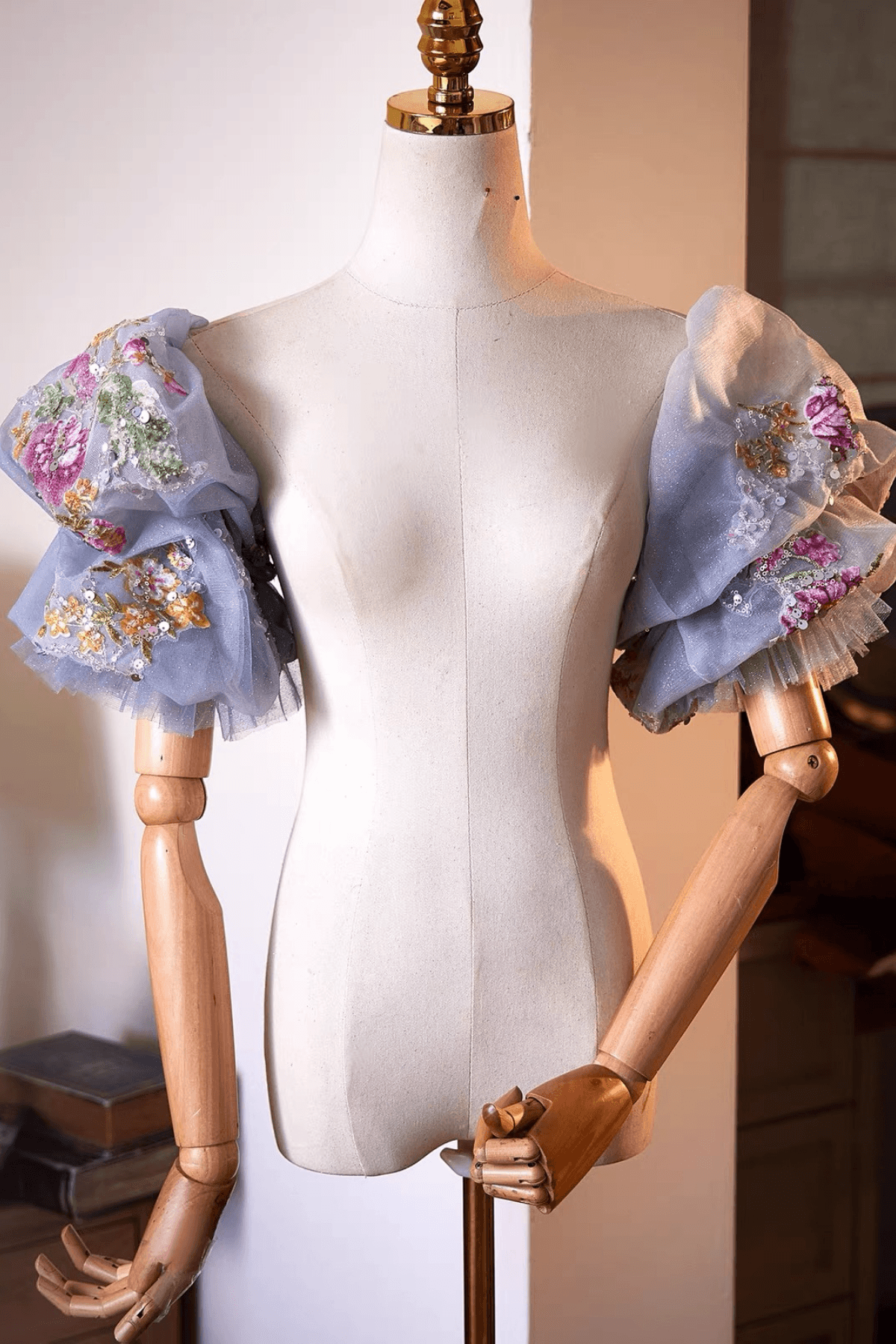 Light Blue Floral Embroidery Sheer Tulle Puff Sleeves Avalabel