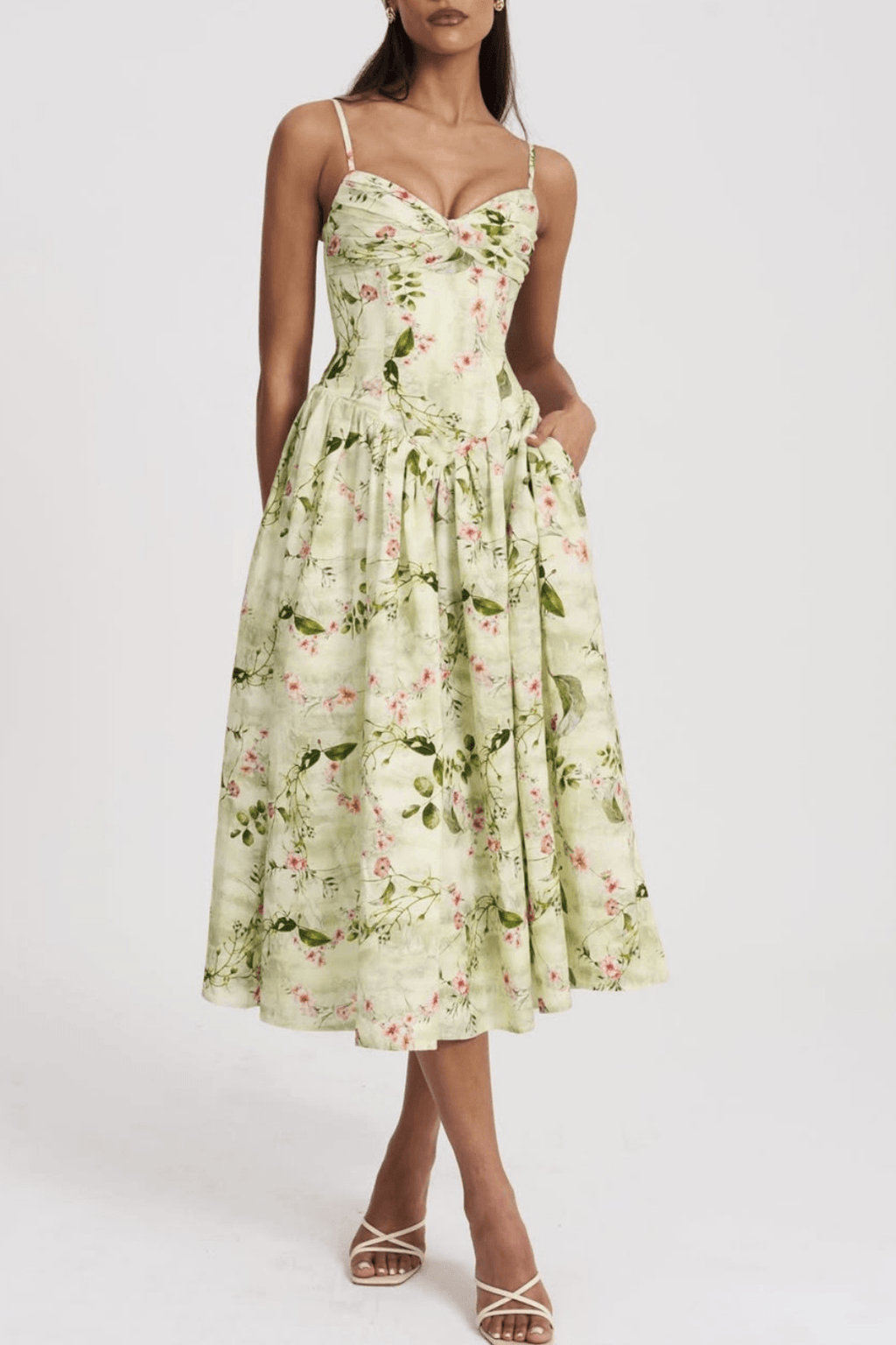 Emily Green Floral Corset Midi Dress Avalabel