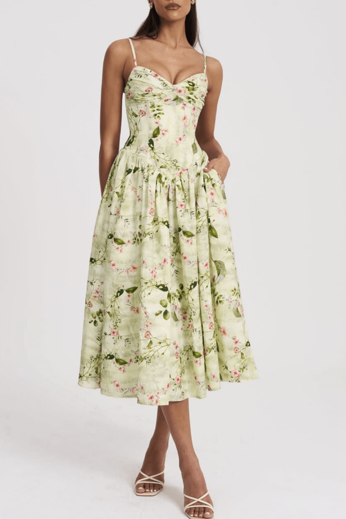 Emily Green Floral Corset Midi Dress Avalabel
