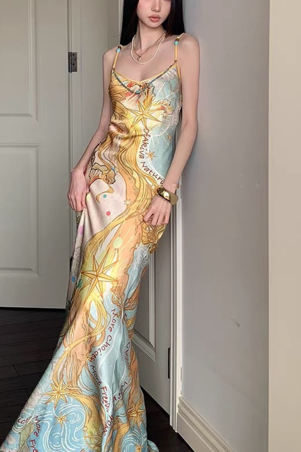 Chloe Vintage Sun Ocean Print Satin Spaghetti Strap Dress Avalabel