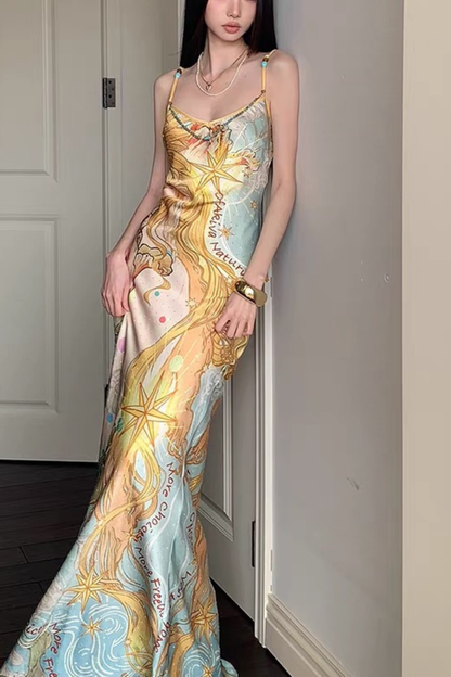 Chloe Vintage Sun Ocean Print Satin Spaghetti Strap Dress