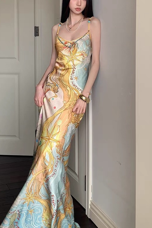 Chloe Vintage Sun Ocean Print Satin Spaghetti Strap Dress Avalabel