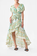 Green-Multi Printed Ruffled V-Neck Irregular Hem Silk Maxi Dress Avalabel
