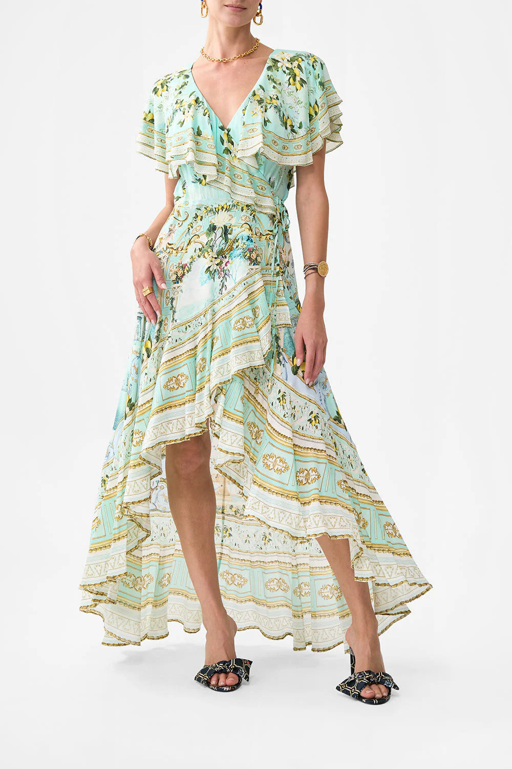 Green-Multi Printed Ruffled V-Neck Irregular Hem Silk Maxi Dress Avalabel