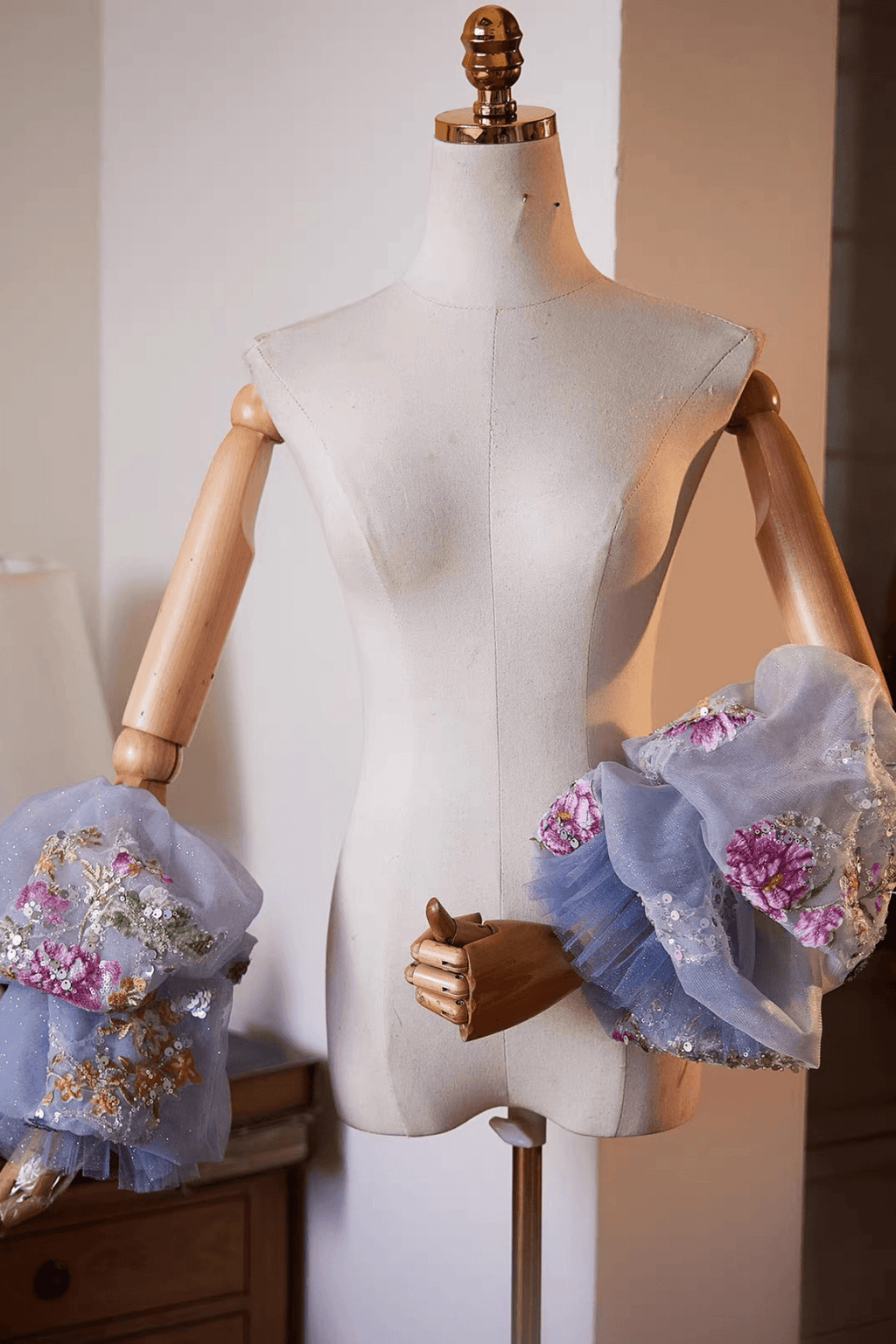 Light Blue Floral Embroidery Sheer Tulle Puff Sleeves Avalabel